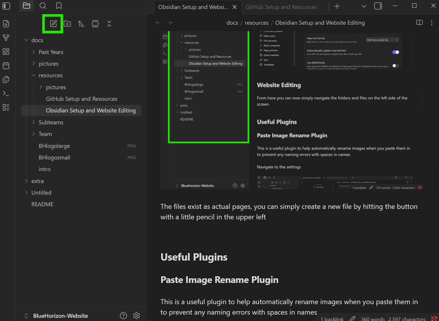 Obsidian Setup and Website Editing — BlueHorizon