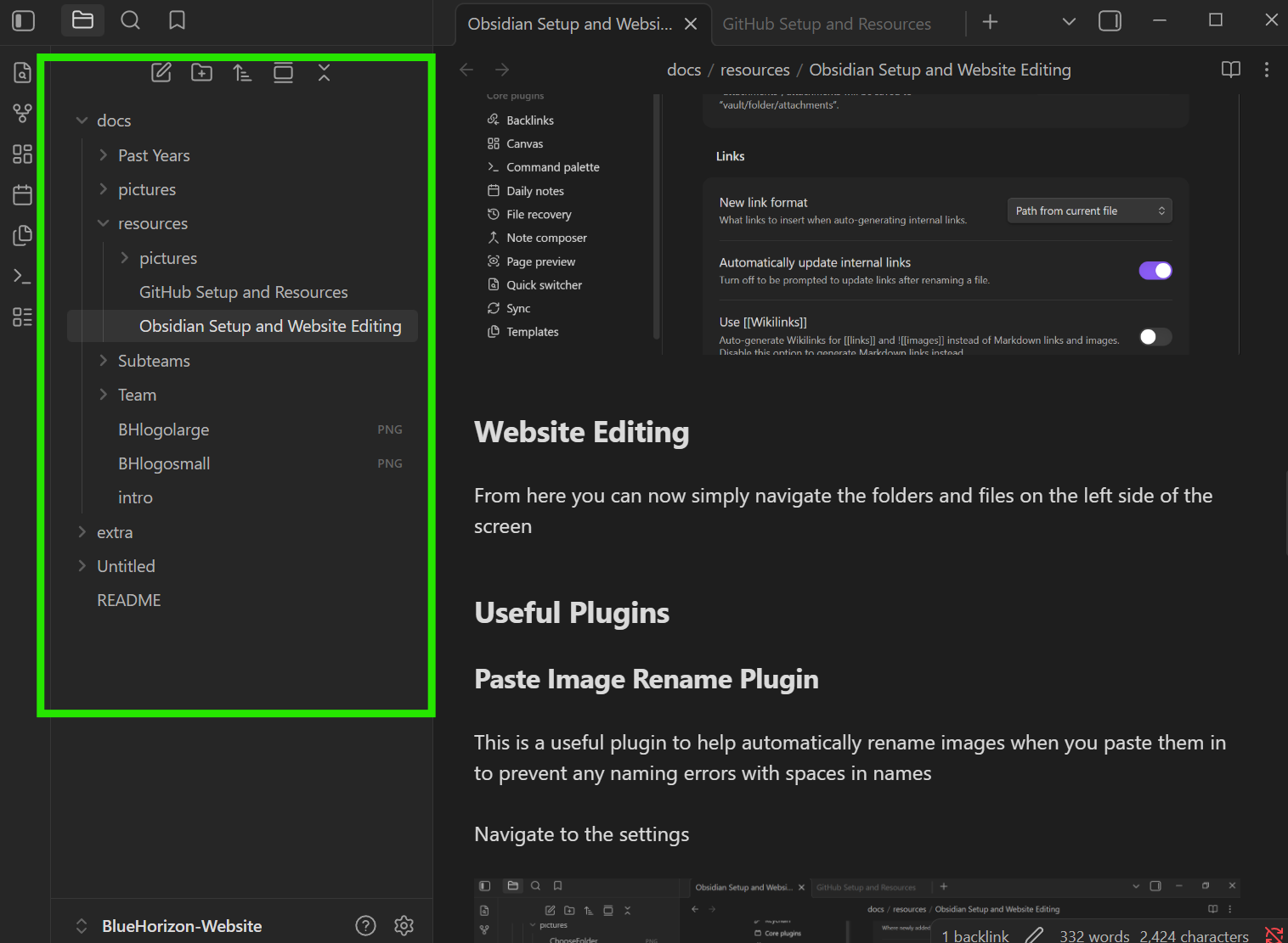 Obsidian Setup and Website Editing — BlueHorizon
