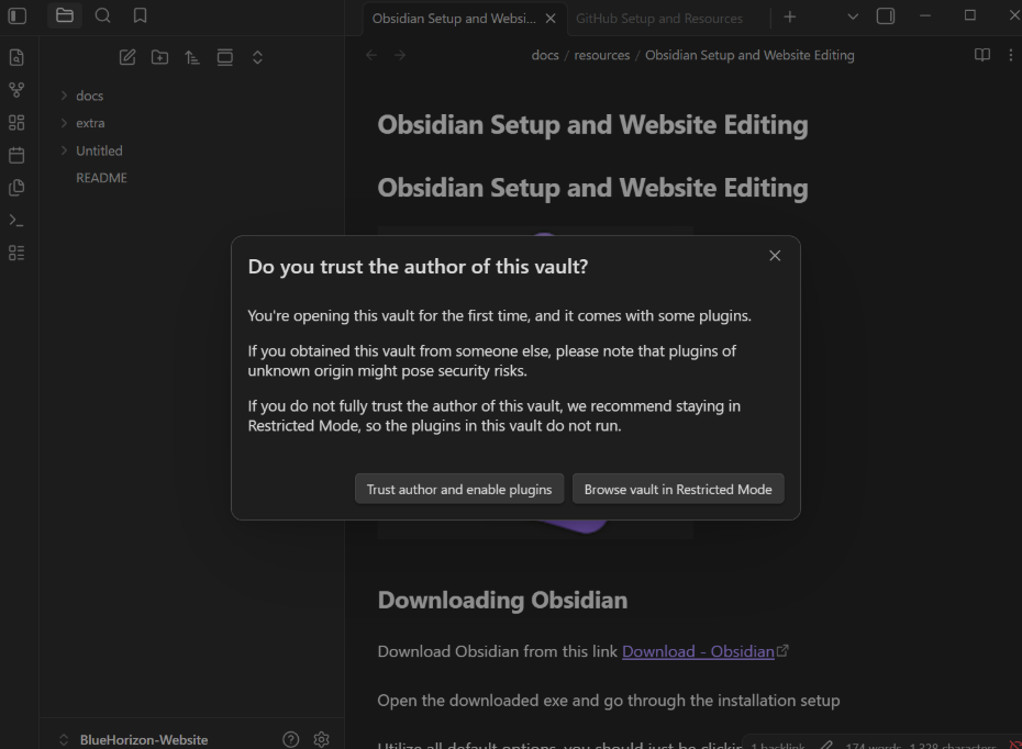 Obsidian Setup and Website Editing — BlueHorizon