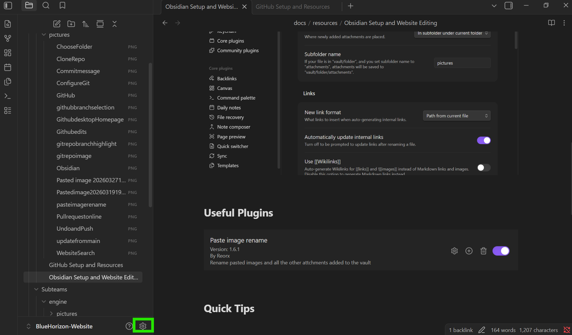 Obsidian Setup and Website Editing — BlueHorizon